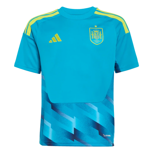 Vista frontal de la camiseta de portero de la Selección Española para niño sin modelo. Prenda técnica del Mundial 2026 en color azul con detalles amarillos.